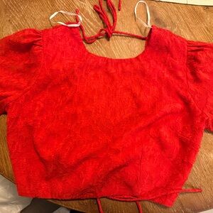 Lulu's Have My Back Red Floral Jacquard Tie-Back Crop Top